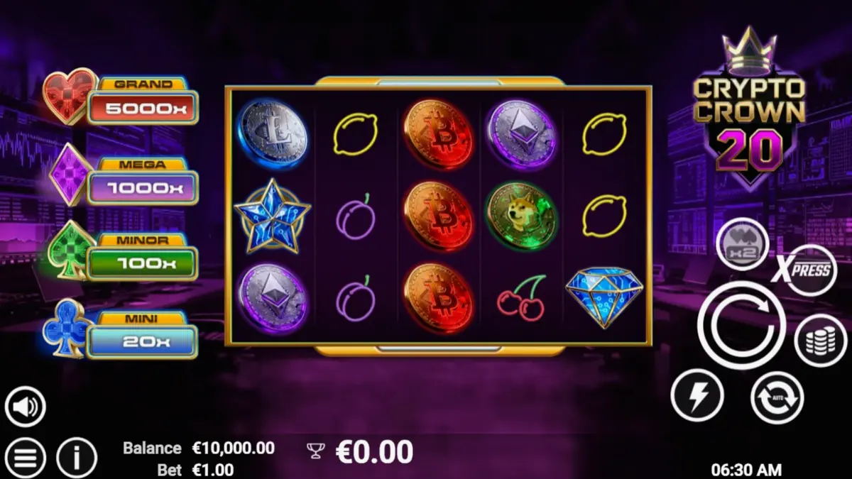 Tampilan antarmuka slot Crypto Crown 20 dengan simbol kripto dan neon.